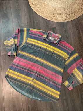 Vintage Bugle Boy Multicolor Striped Shirt Jacket in Green, Pink & Yellow XL